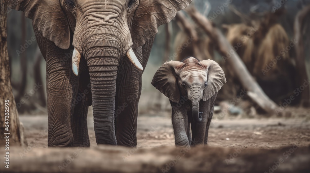 Fototapeta premium A calf right next to the father elephant