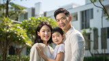 photograph of Asian family portrait in front of the house happy family home concept