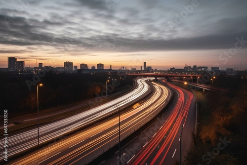 Timelapse view of motorway and city skyline in autumn with traffic. Generative AI © Selena