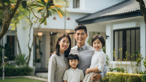 photograph of Asian family portrait in front of the house happy family home concept