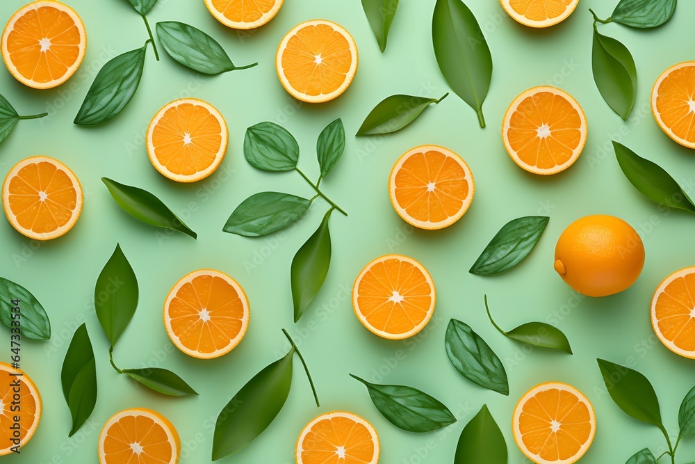 Summer pattern of oranges and green leaves on green background.