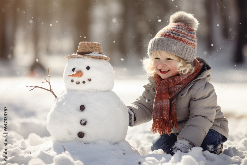 Child playing with snowman in winter park wearing a warm hat and warm jacket surrounded with snowflakes. Winter holidays concept.