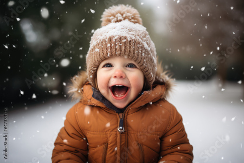Cute child with happy face wearing a warm hat and warm jacket surrounded with snowflakes. Winter holidays concept.