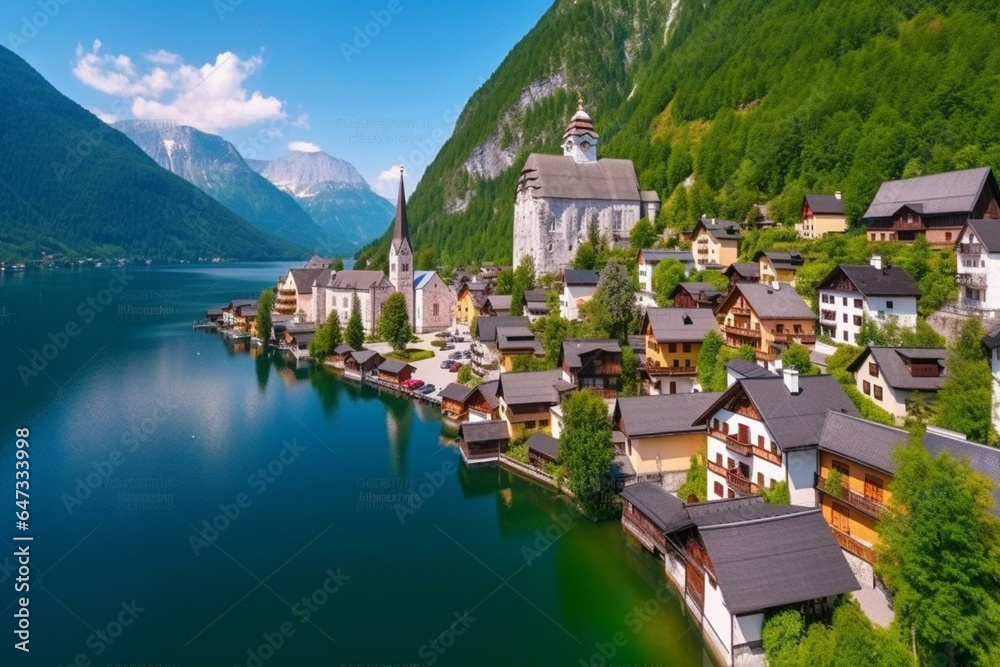 Stunning aerial view of Hallstatt, Austria, with the lake in summer. Generative AI