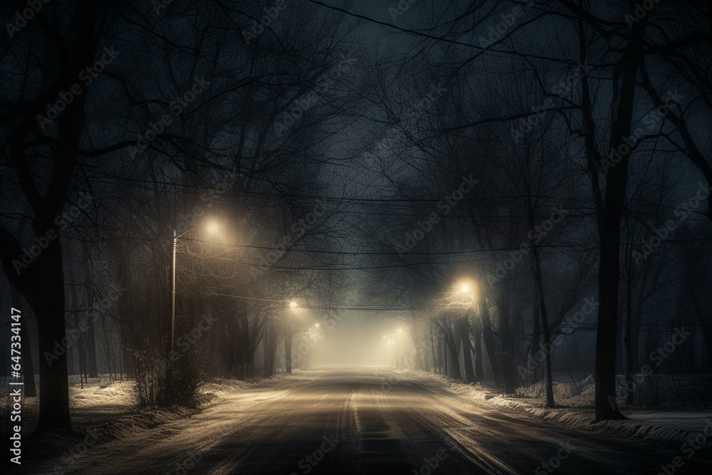 Dark road with outlined trees, lamp posts, and eerie winter night. Surreal, mind-altering filter. Generative AI
