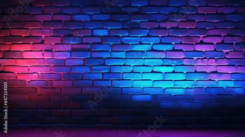 Neon lights on old grunge brick wall room background.