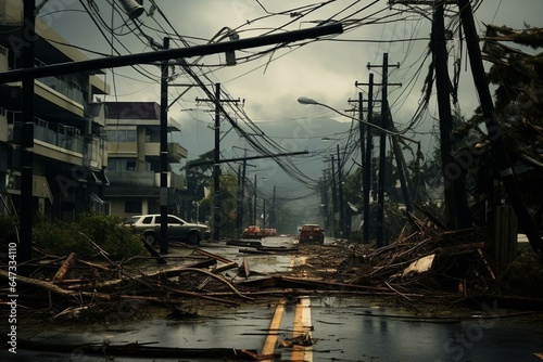 City damaged, tree, hurricane, storm, road, transformer, power lines. Generative AI