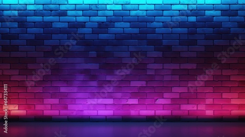 Neon lights on old grunge brick wall room background.