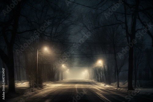 Dark road with outlined trees, lamp posts, and eerie winter night. Surreal, mind-altering filter. Generative AI