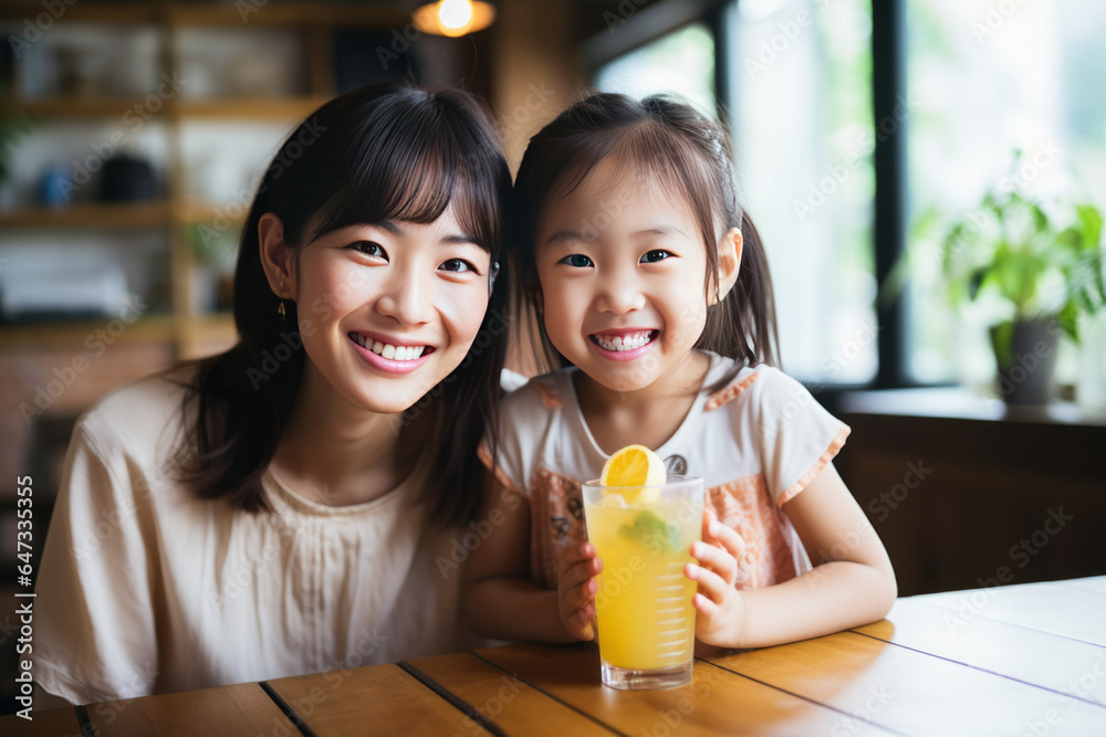 Happy Asian family Mother and Little girl are eating breakfast, drinking milk and drinking orange juice in the kitchen at home. Happy Asian family Mother and Little girl are eating breakfast, drinking milk and drinking orange juice in the kitchen at home.