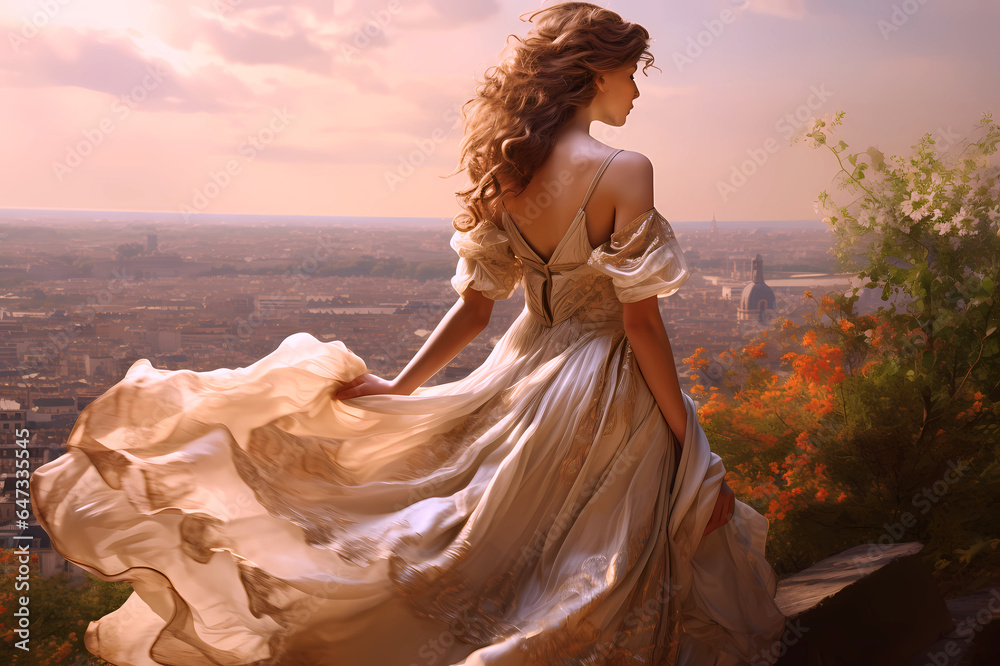 beautiful bride in vintage style dress in afternoon on hill overlooking city, perhaps Paris - obrazy, fototapety, plakaty 