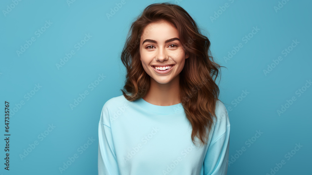 photograph of Portrait of attractive cheerful girl demonstrating.
