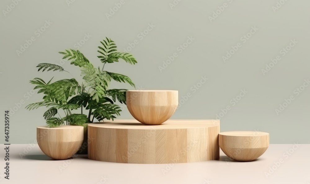 Wooden podium stage for product presentation with green plants vase