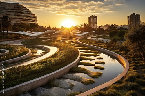 Sunrise over Turia Gardens, a transformed riverbed park in Valencia, Spain. Generative AI