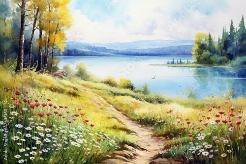 Scenic lakeshore with sunny cloudy meadow, flowers, garden, nature, wildflowers, lake, trees, watercolor. Generative AI