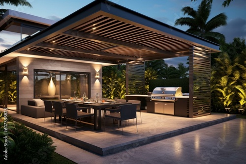 Contemporary outdoor setup with pergola, awning, roof, dining table, seats, and grill. Generative AI