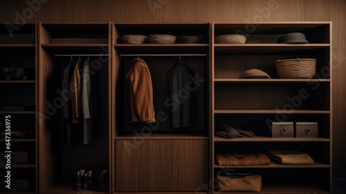 Modern dressing room for men. Modern wardrobe with stylish clothes