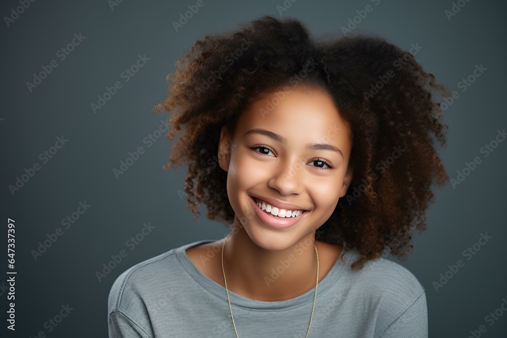 Black teenage girl smiling in a studio. generative AI