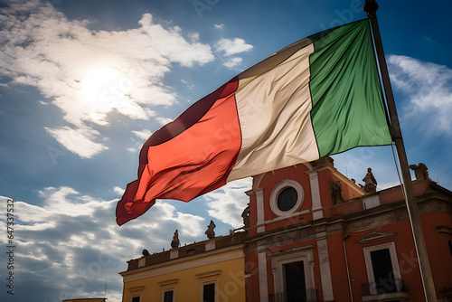 A stunning Italian tricolor national flag flutters in the wind on a pole with beautiful traditional Italian building in the background. Generative AI.