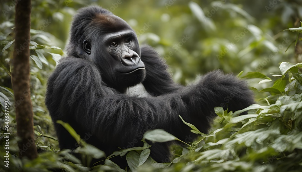 Wild animal gorilla setting in the forest.