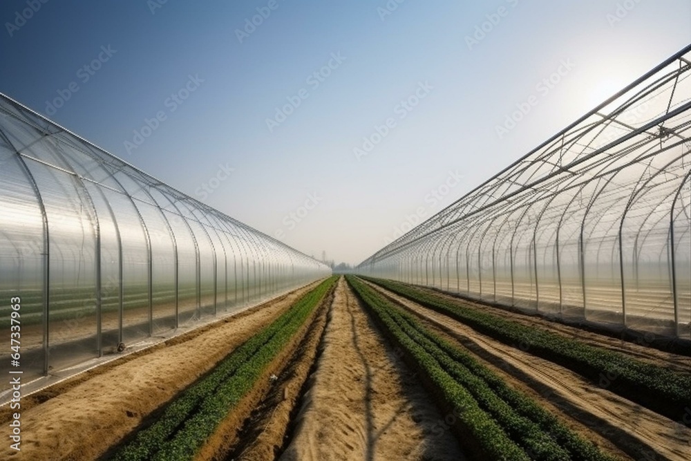 Vast greenhouses cultivate produce in agricultural fields. Generative AI