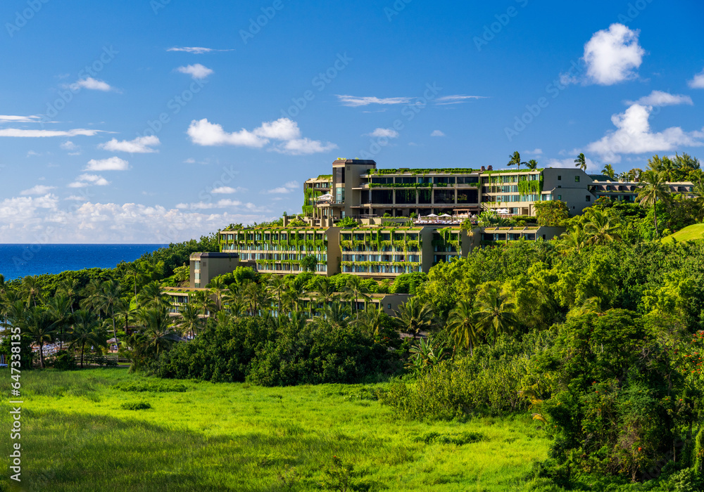 1 Hotel is covered by plants on the hillside above Hanalei Bay on Hawaiian island of Kauai