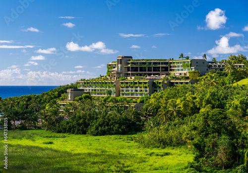 1 Hotel is covered by plants on the hillside above Hanalei Bay on Hawaiian island of Kauai