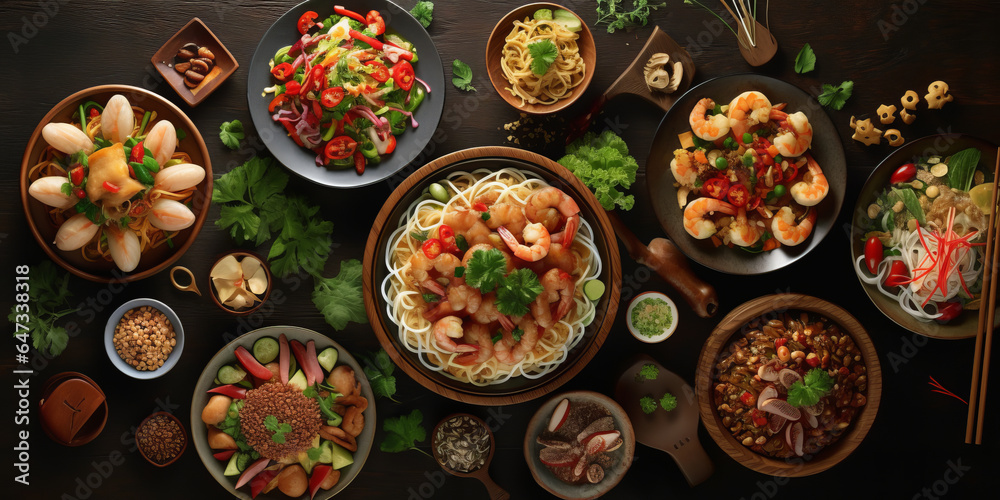 Traditional Thai food on dark background. Oriental food concept. Top view, flat lay, panorama