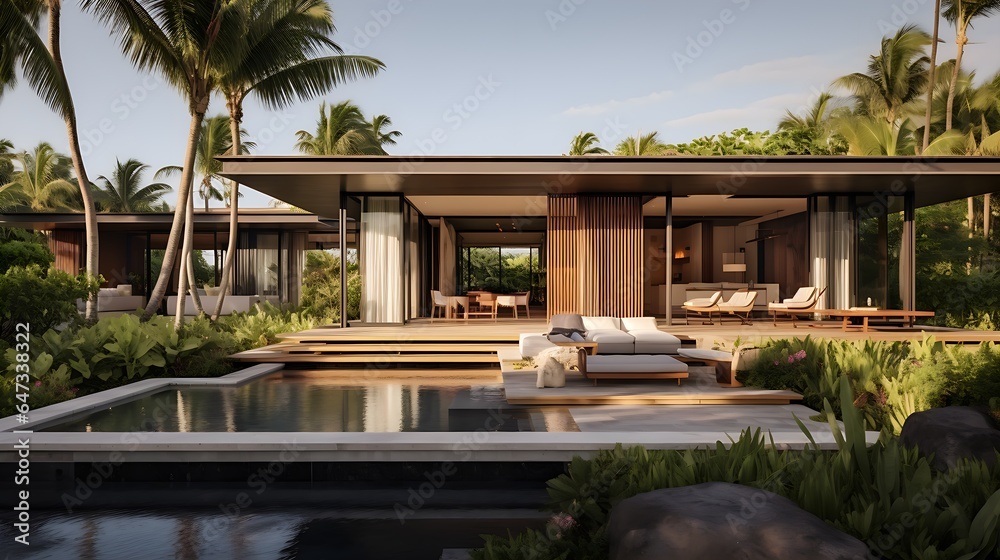 Modern Beachside Home with Minimalist Wooden Architecture, Pool, Generative AI