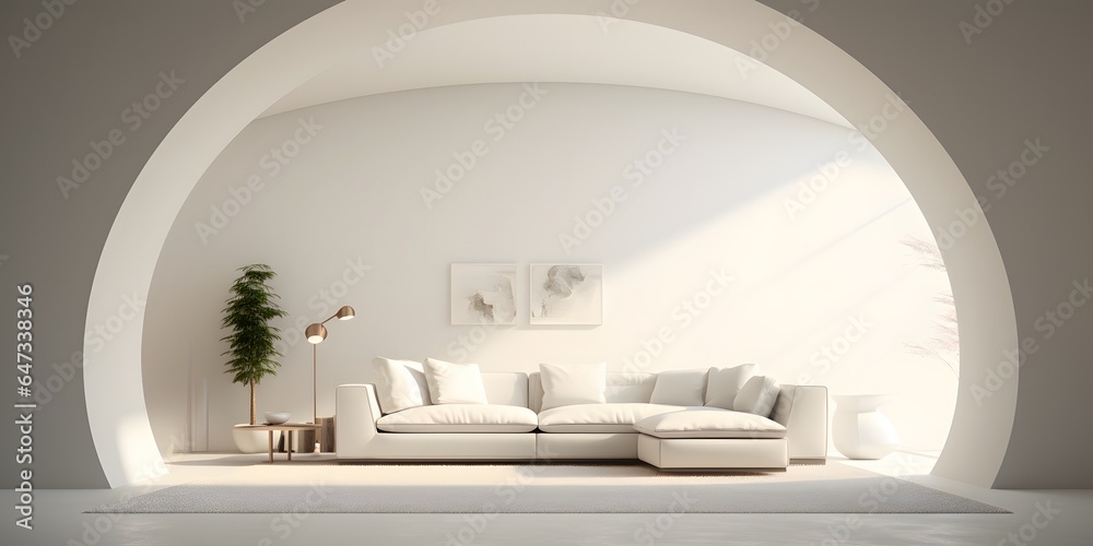 Curved white sofa in room with arch. Minimalist home interior design of modern living room Curved white sofa in room with arch. Minimalist home interior design of modern living room