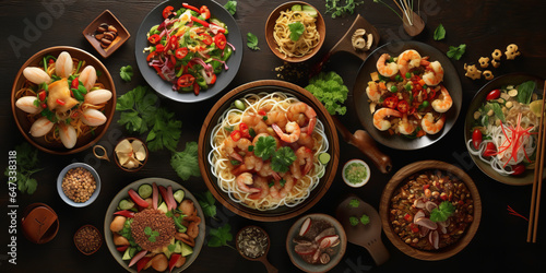 Traditional Thai food on dark background. Oriental food concept. Top view  flat lay  panorama