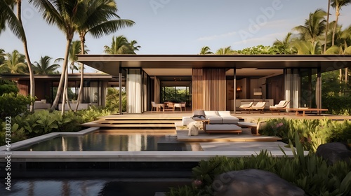 Modern Beachside Home with Minimalist Wooden Architecture, Pool, Generative AI © Cristiano