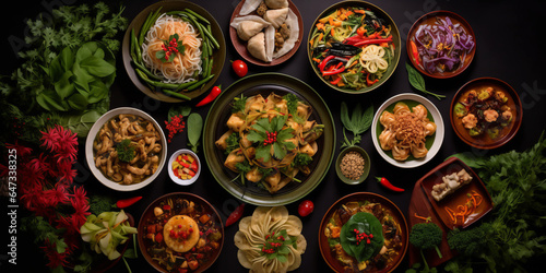 Traditional Thai food on dark background. Oriental food concept. Top view, flat lay, panorama © JKLoma