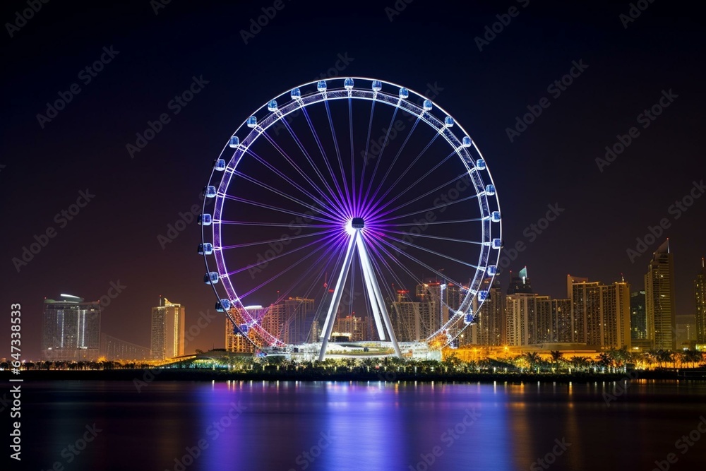 Dubai's famous Ferris wheel on Bluewaters Island with stunning skyline in the UAE. Generative AI