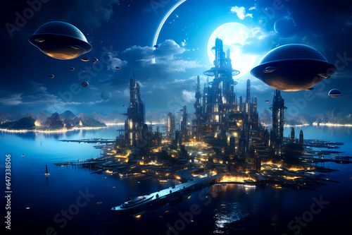 futuristic science fiction floating city near land © Richard Miller