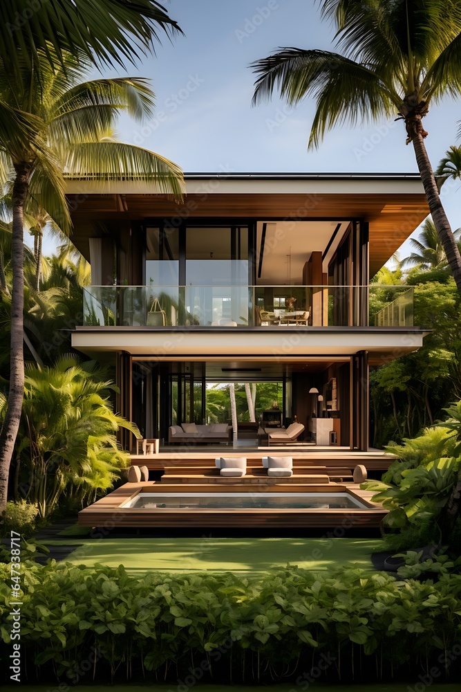 Fototapeta premium Modern Beachside Home with Minimalist Wooden Architecture, Pool, Generative AI