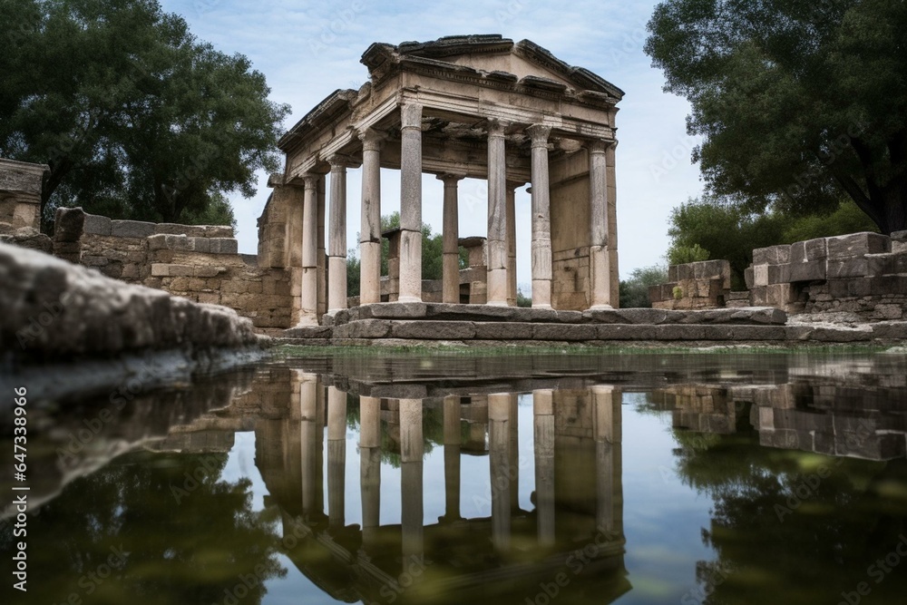 Old ruins, waterpool, reflections, Greek architecture, columns, destroyed building. Generative AI