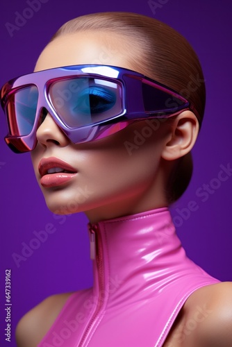 A mysterious woman stands out with her futuristic style, donning a pair of pink and purple sunglasses that complete her fashion-forward look
