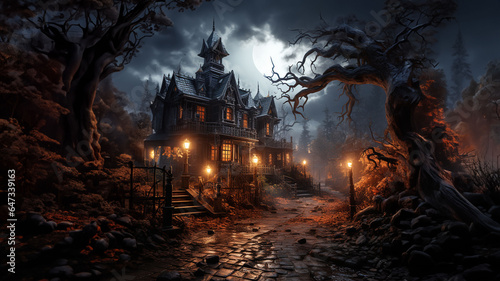 Night moonlight fantasy house in dark spooky dark forest in fog fantasy scene, halloween