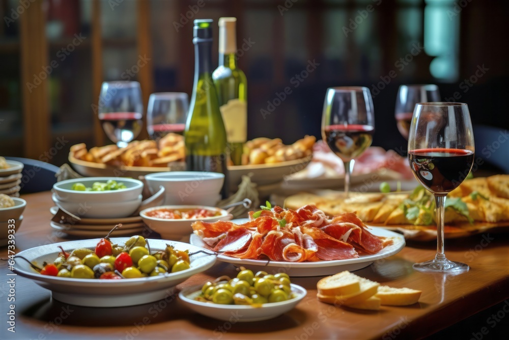 Typical Spanish tapas with red wine