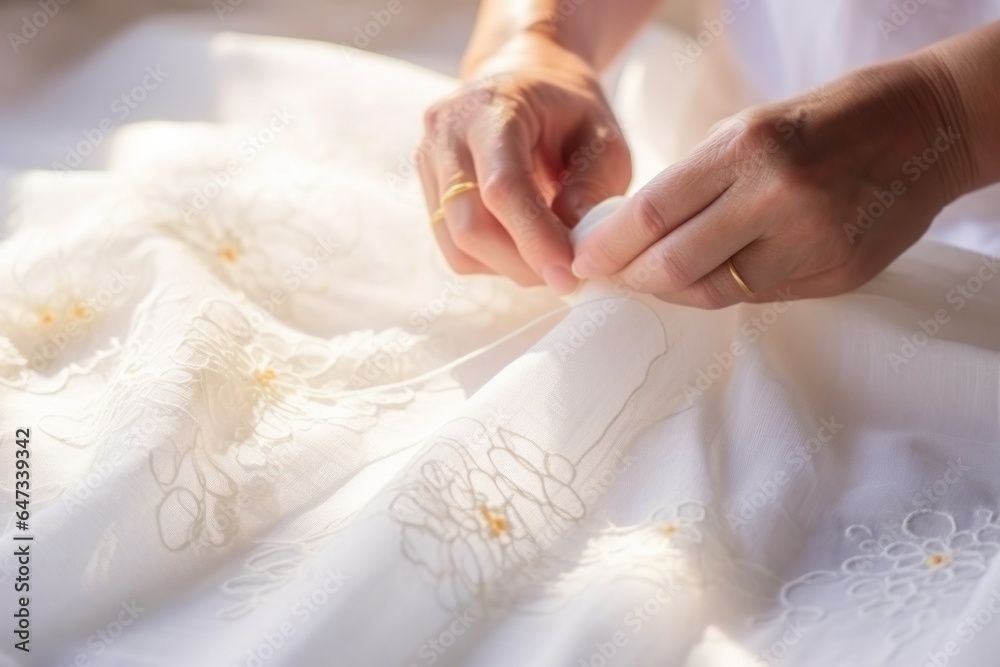 Close up shot of the hands of a seamstress clutching a white embroidered fabric. - obrazy, fototapety, plakaty 