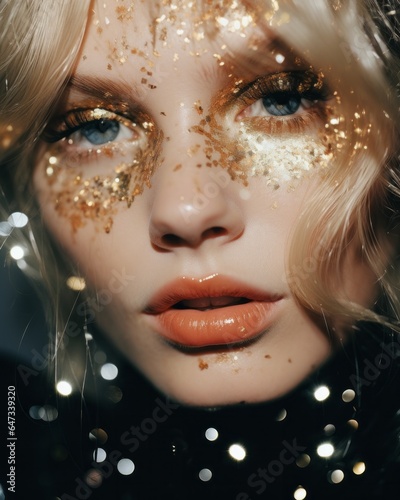 This beautiful portrait captures a woman with a glamorous makeover, featuring gold glitter, bright lipstick, and long eyelashes, radiating an aura confidence celebration perfect for special occasion