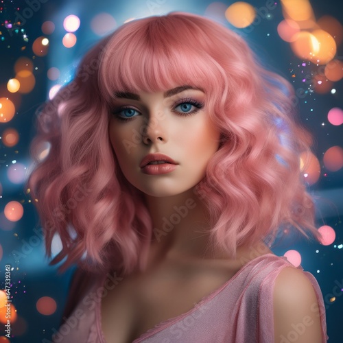 A beautiful portrait of a woman with pink hair and glittering lipstick, adorned with a festive hairpiece and confetti, captures the joy and anticipation of the new year's celebration