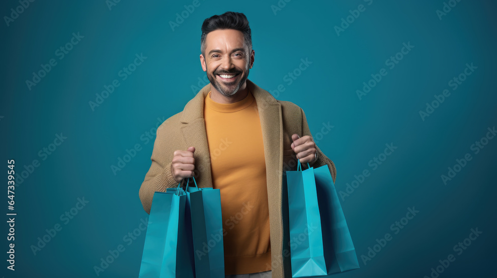 Happy smiling man holding shopping bags on blue background - obrazy, fototapety, plakaty 