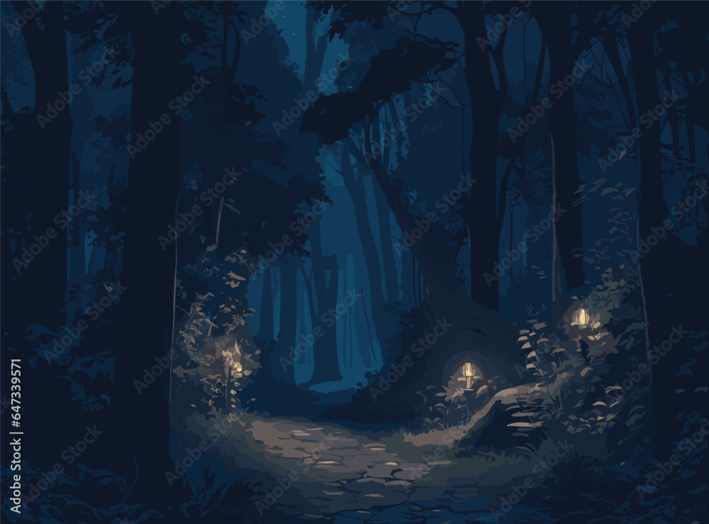 Fototapeta premium Illustrate a detailed vector background of a nocturnal wilderness adventure, where moonlight filters through the dense canopy, casting intricate shadows on the forest floor and revealing the path