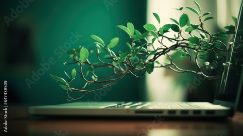 Green computing, sustainable computing, maximize energy efficiency and minimize environmental impact. Green IT, information technology. Green plant growing from laptop computer