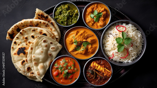 Assorted indian food on black background.. Indian cuisine. Top view.generative ai
