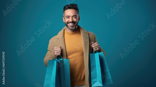 Happy smiling man holding shopping bags on blue background photo