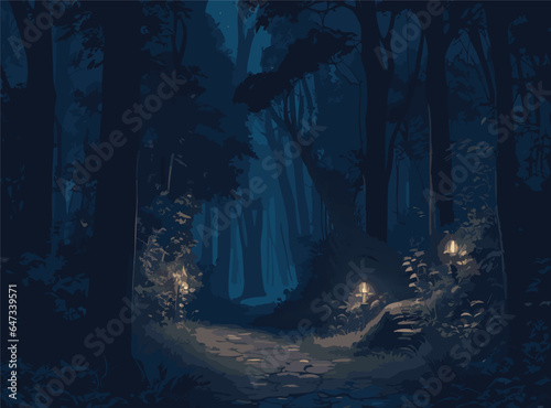 Illustrate a detailed vector background of a nocturnal wilderness adventure, where moonlight filters through the dense canopy, casting intricate shadows on the forest floor and revealing the path