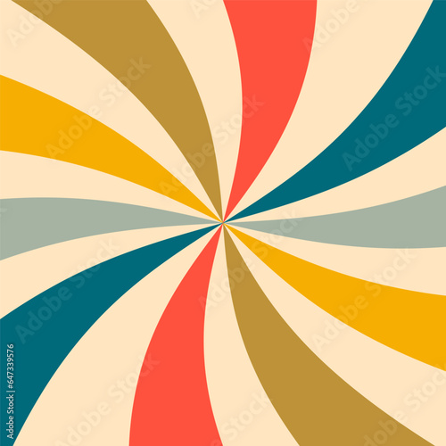 Groovy Retro background, swirled stripes, green, yellow, beige, blue, red, orange, vector illustration.